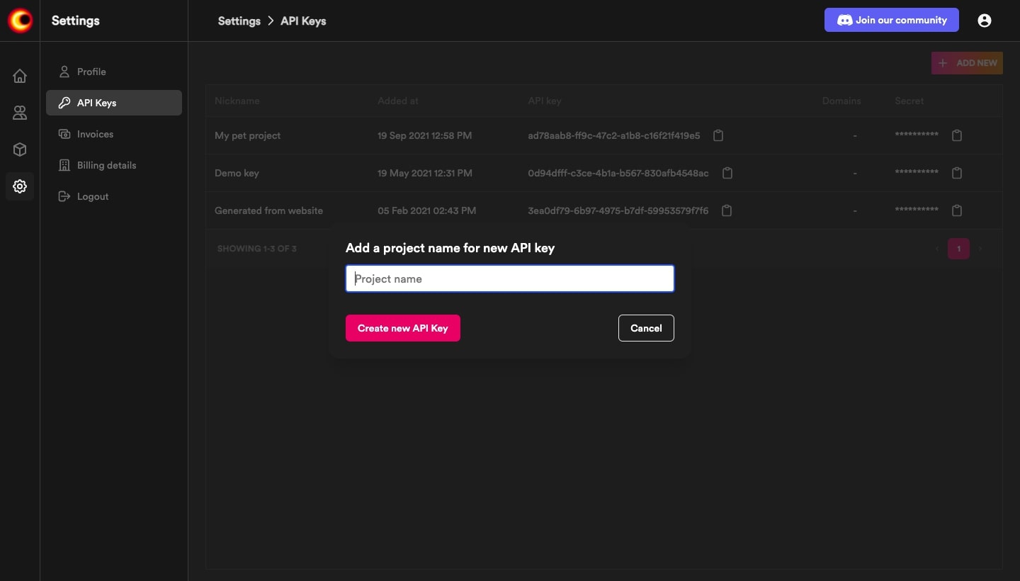Generate API Key from Dashboard